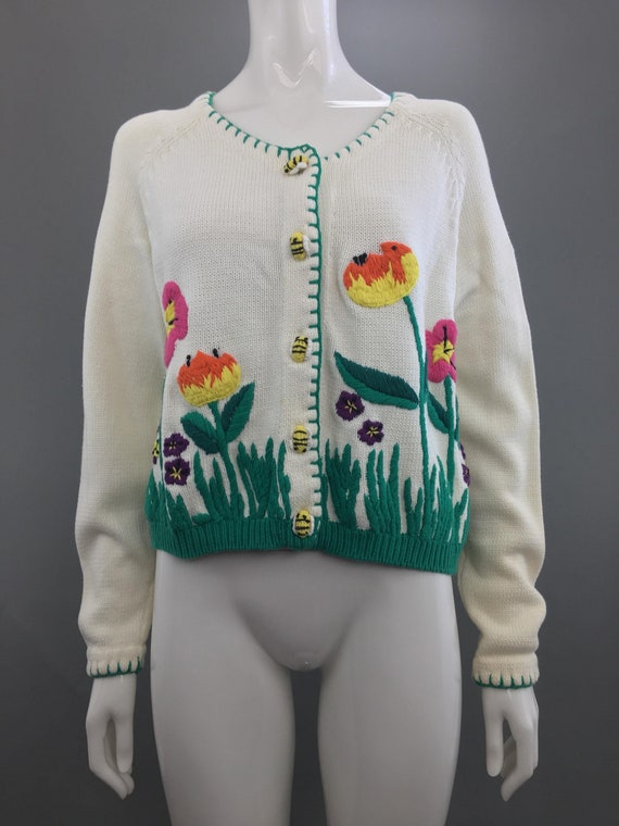 Ann Taylor White Embroidered Cardigan|Novelty Floral Sweater|Ugly Sweater Party|Mom Grandma Sweater|Teacher Sweater|Librarian Sweater|S