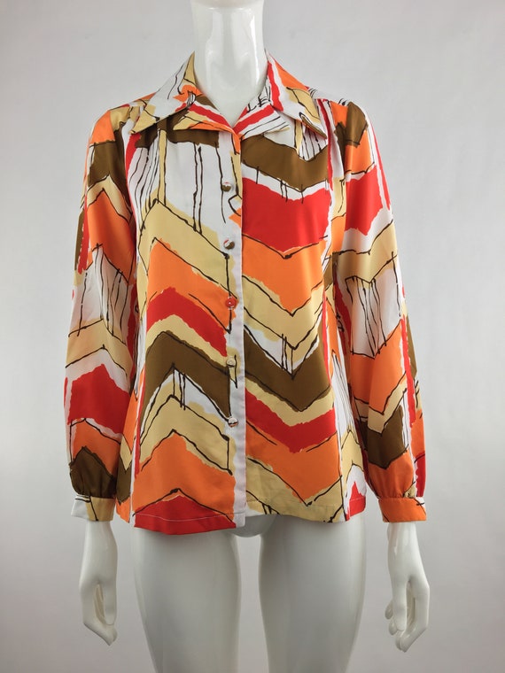 1970's Ship n' Shore Orange, Brown, & White Abstr… - image 3