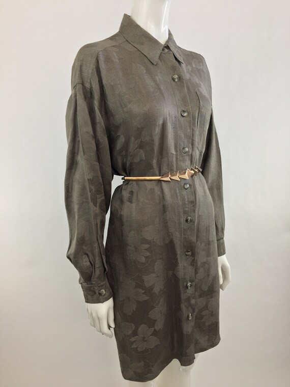 1990's Anne Klein Olive Green Shirt Dress|Floral … - image 3