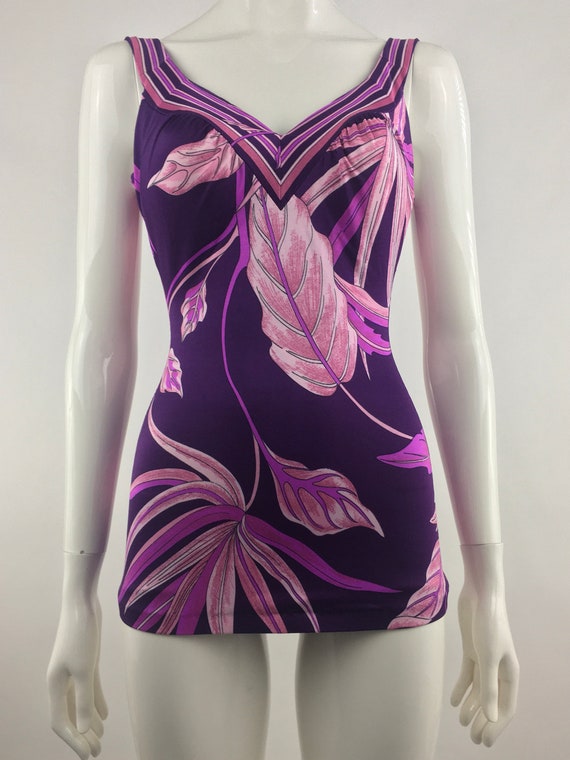1960's Sirena Purple and Pink Floral One Piece Swi