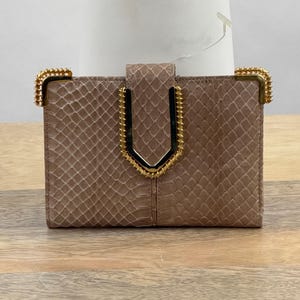 Vintage 80s Judith Leiber Taupe Snakeskin Wallet Passcase Bifold Card Holder Gold Corner Guards Exotic Python Leather Designer Small Purse