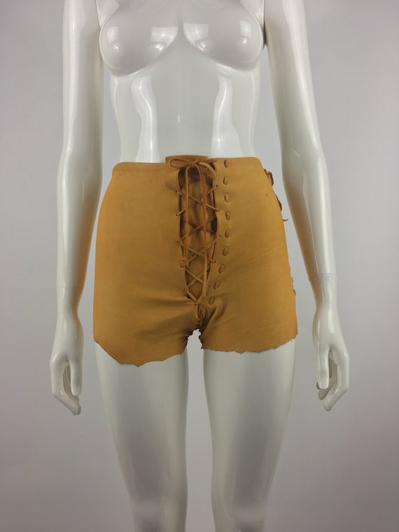 1970's Tan Leather Shorts|Lace Up Leather Hippy S… - image 4