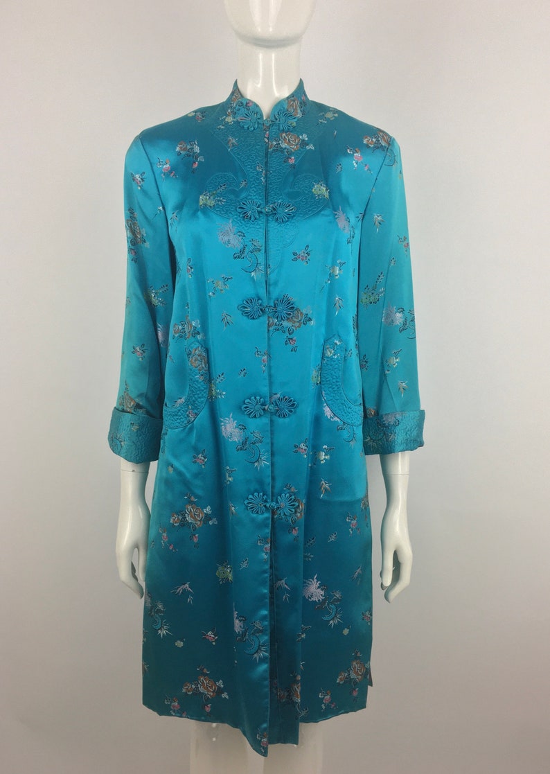 1960/'s Peony Teal Green Cheongsam Duster|Embroidered Qipao Jacket|Asian Jacket w Floral Print|34 Length Green Floral Jacket|Size L
