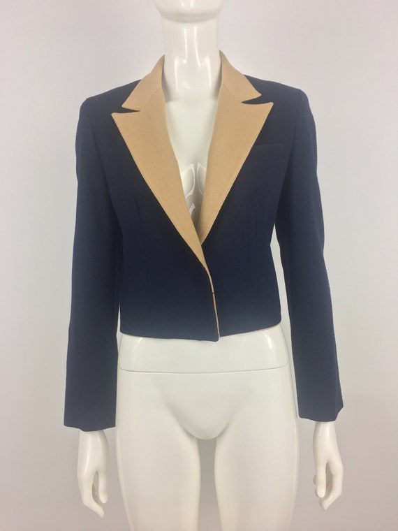 1980's Raspini Navy Blue Eaton Blazer w Tan Lapel… - image 1