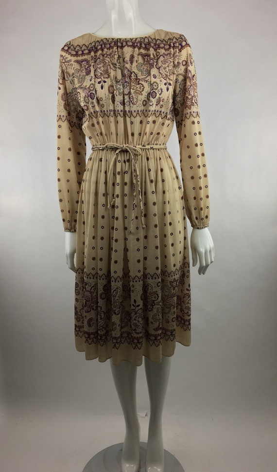 1980's Tan Floral  Dress|Semi-Sheer Dress|Beige F… - image 4