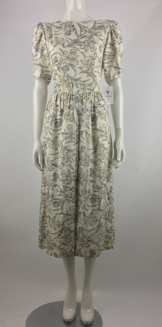 1980's Accentuette Ivory Midi Dress w Black Flora… - image 3