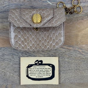 Vtg. 80s Judith Leiber Taupe Snakeskin Key Wallet Pouch Unused NOS Gold Chain Key Ring Exotic Python Leather Designer Coin Case Card Holder