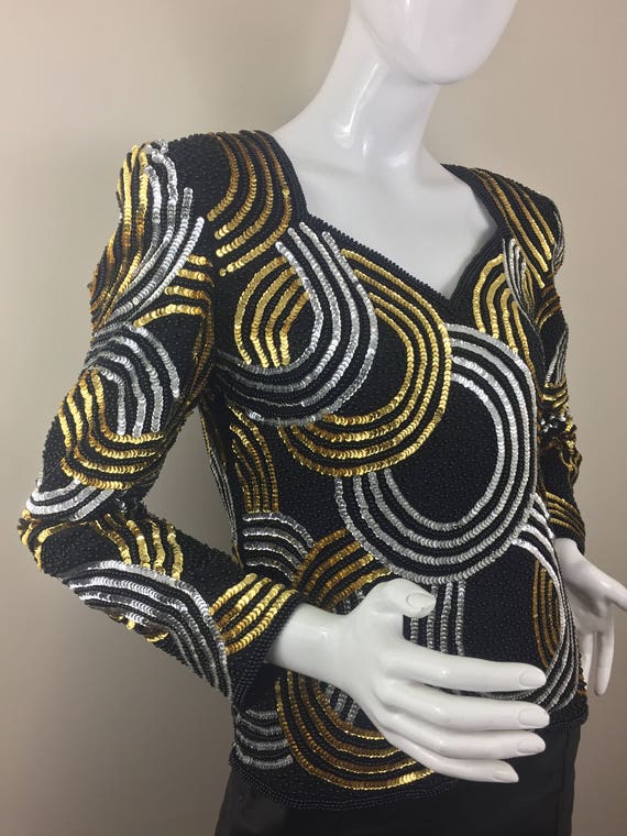 1980's Joan Leslie Studio Black Top w Gold & Silv… - image 6