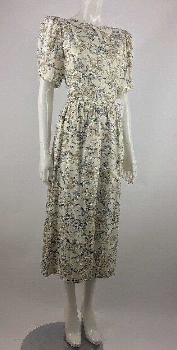 1980's Accentuette Ivory Midi Dress w Black Flora… - image 6