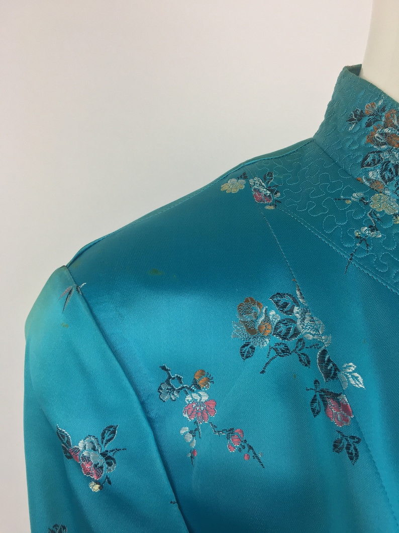 1960/'s Peony Teal Green Cheongsam Duster|Embroidered Qipao Jacket|Asian Jacket w Floral Print|34 Length Green Floral Jacket|Size L