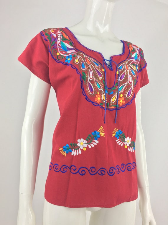 1990's Red Peasant Top w Colorful Floral Embroide… - image 6