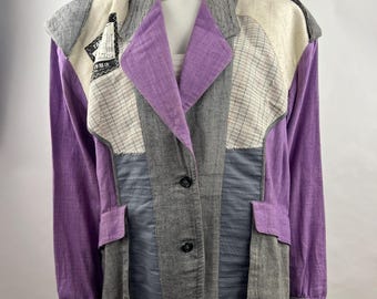 Kurtka vintage Kansai Yamamoto Avant Garde Colorblock w kolorze fioletowo-szarym z lnu w stylu art blazer w stylu lat 80., rozmiar M