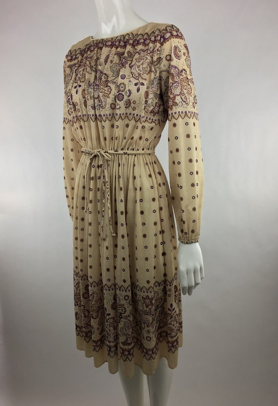 1980's Tan Floral  Dress|Semi-Sheer Dress|Beige F… - image 5