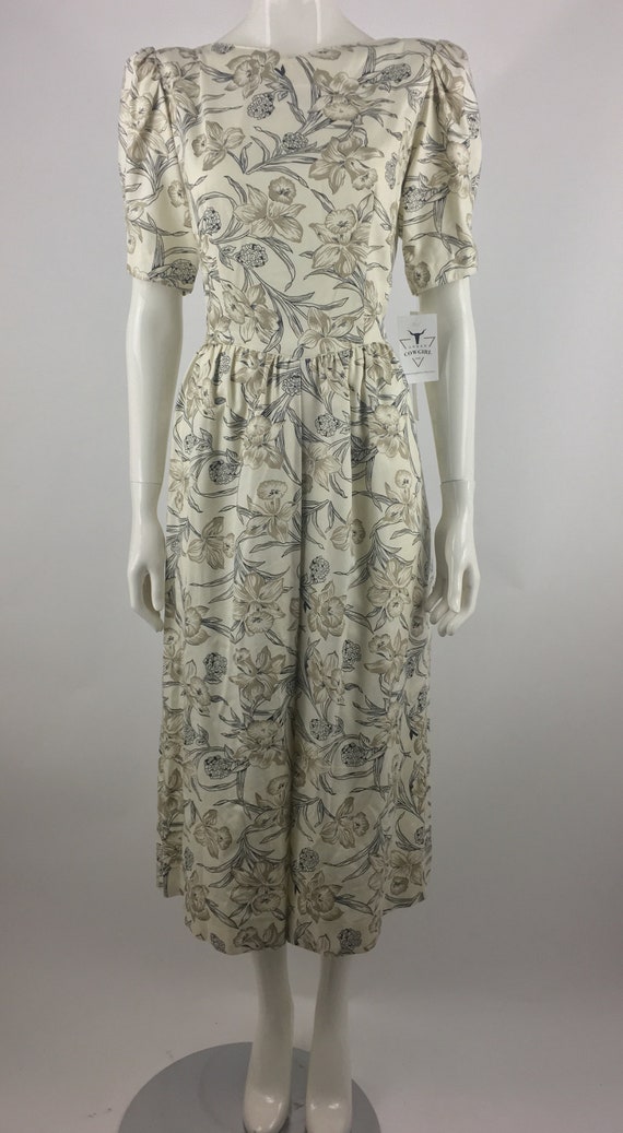 1980's Accentuette Ivory Midi Dress w Black Flora… - image 1