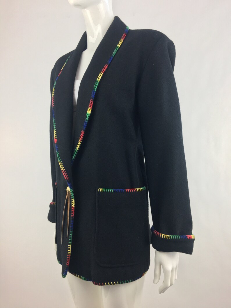 Concho and Fringe|Country /& Western Blazer|Black Wool Blend Blazer|Size Medium 1980/'s Black Southwestern Blazer w Colorful Trim