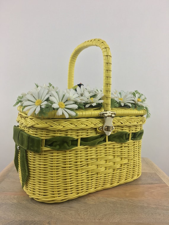 60's Yellow Wicker Basket Purse|Wicker Picnic Bag|