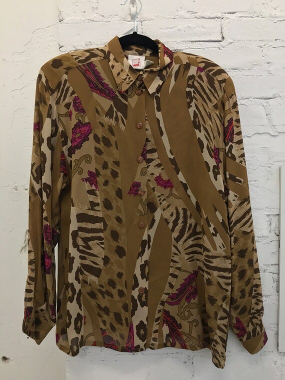 80's Mondi Brown & Pink Baroque Mixed Print Blouse