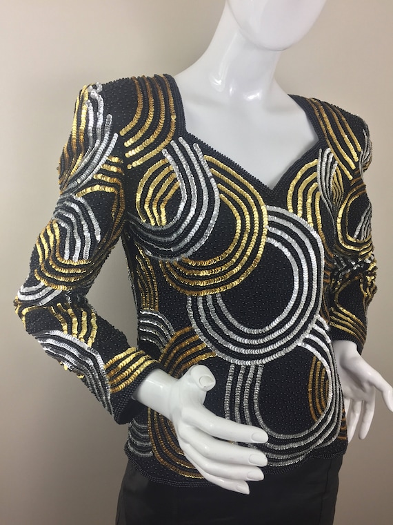 1980's Joan Leslie Studio Black Top w Gold & Silv… - image 5