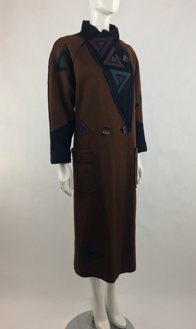 1980's Marylou Ozbolt Storer Fibre Arts Seattle Brown Coat w Colorful Abstract AppliquesWearable ArtWool JacketOversized CoatSize Small image 4