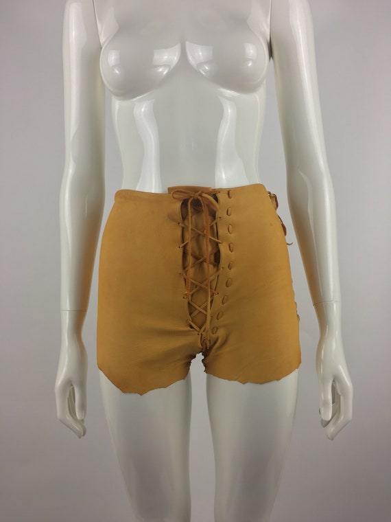 1970's Tan Leather Shorts|Lace Up Leather Hippy S… - image 6