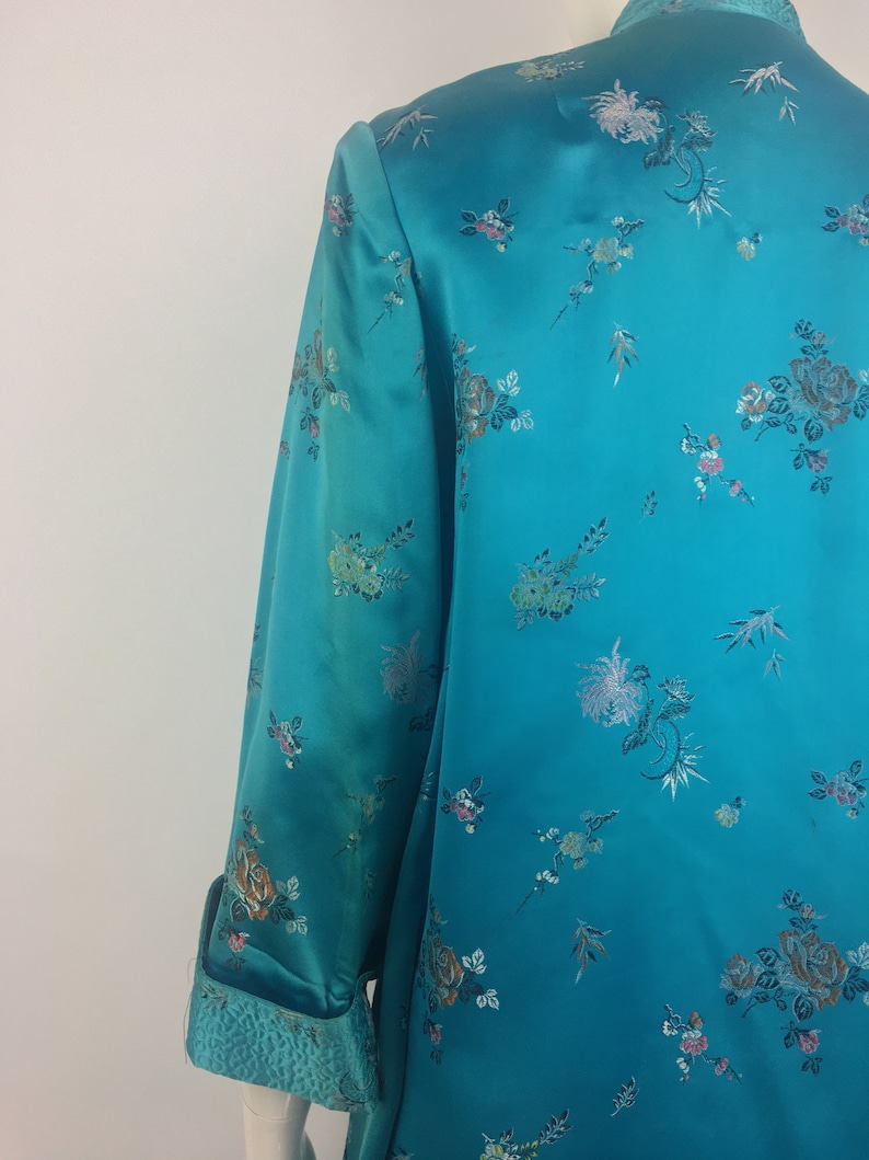 1960/'s Peony Teal Green Cheongsam Duster|Embroidered Qipao Jacket|Asian Jacket w Floral Print|34 Length Green Floral Jacket|Size L
