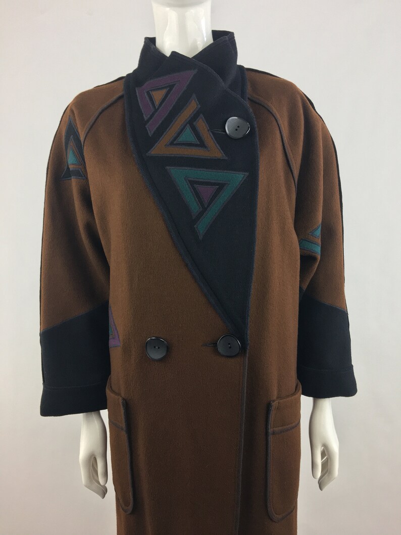 1980's Marylou Ozbolt Storer Fibre Arts Seattle Brown Coat w Colorful Abstract AppliquesWearable ArtWool JacketOversized CoatSize Small image 1