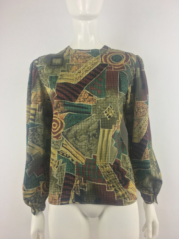 80's Robbie Sport Green Abstract Blouse|Librarian… - image 1