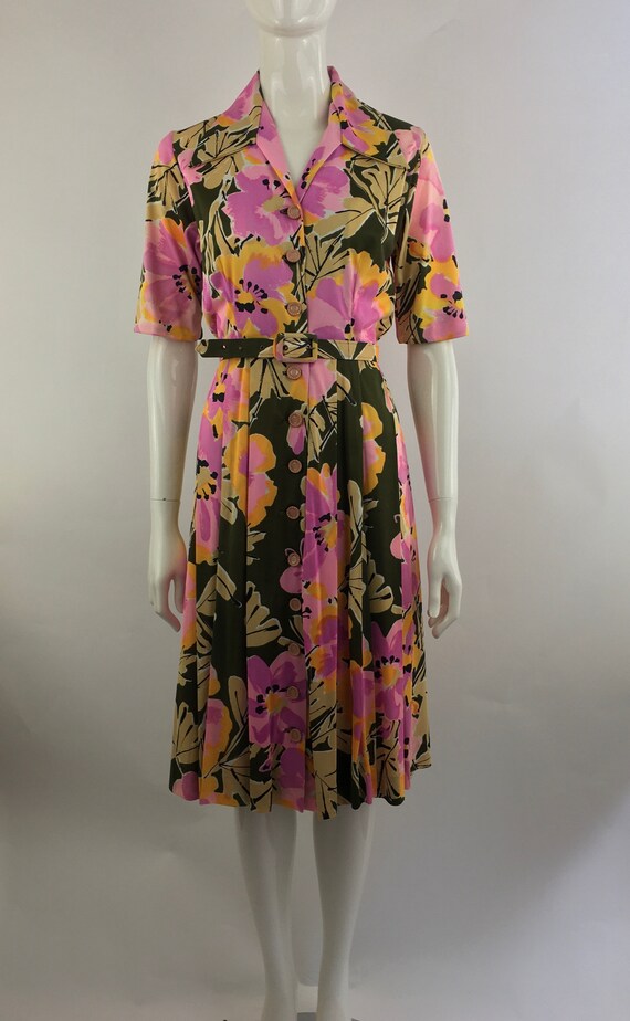 1960's Pink and Olive Green Floral Shirt Dress w Matc… - Gem