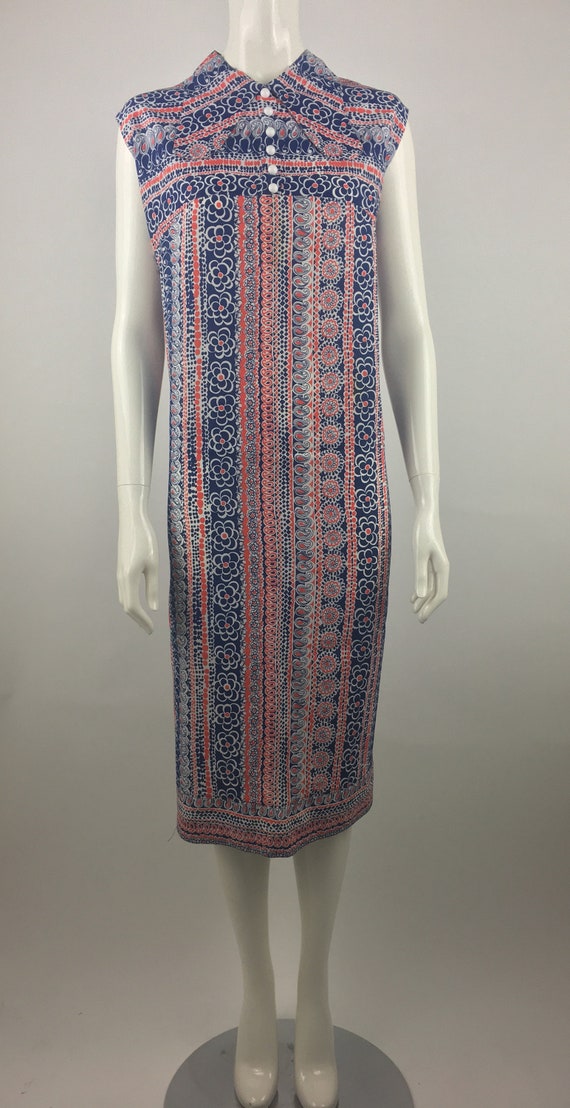 1960's Shift Dress w Blue & Red Floral and Paisley