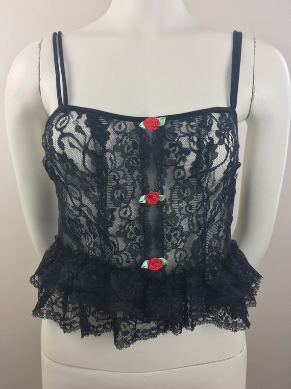 1980's First Lady Sheer Black Lace Camisole|Peplum Ca… - Gem