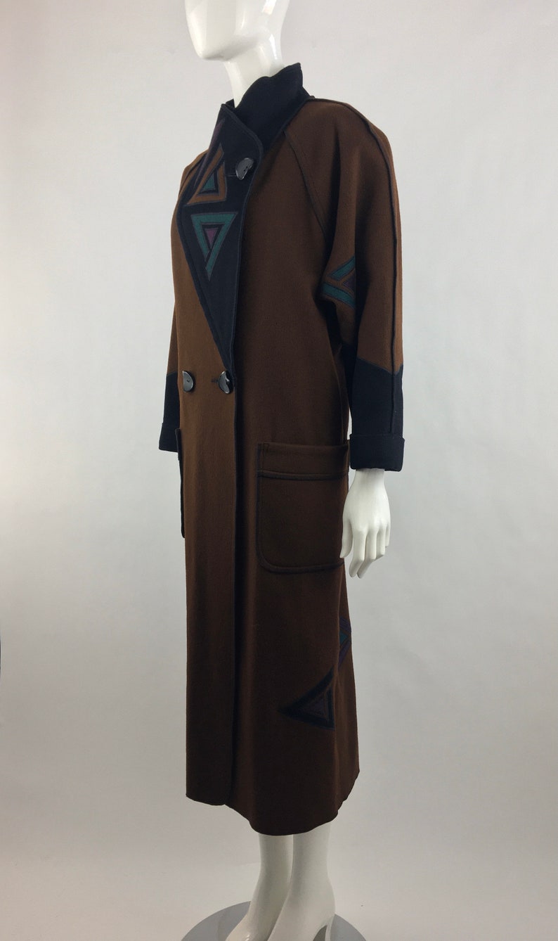 1980's Marylou Ozbolt Storer Fibre Arts Seattle Brown Coat w Colorful Abstract AppliquesWearable ArtWool JacketOversized CoatSize Small image 6