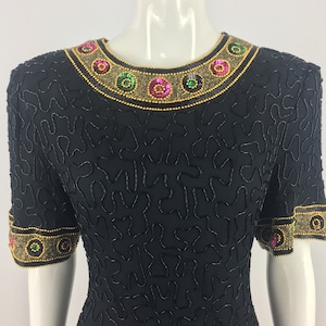 1980&#39;s Black Beaded & Sequined Dress|Glitzy Party Dress|Silk Beaded Wedding Dress|80&#39;s Glam Dress|Glitzy New Year&#39;s Eve Dress|Size Large
