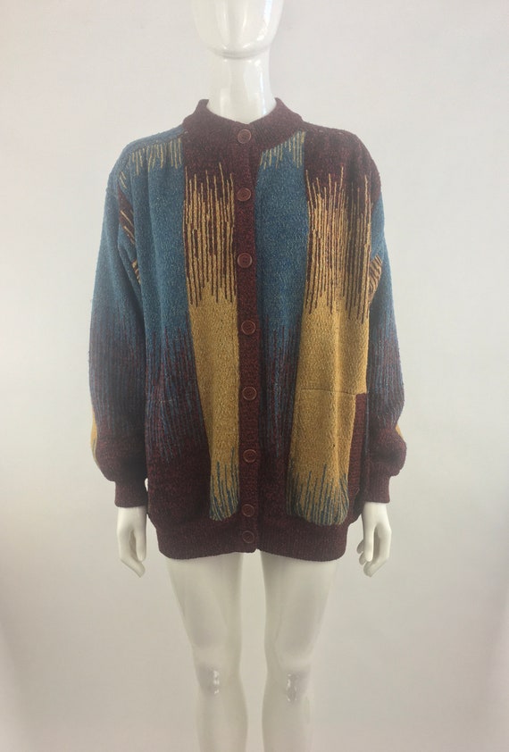 1980's Dark Red Abstract Sweater Jacket|Oversized… - image 4