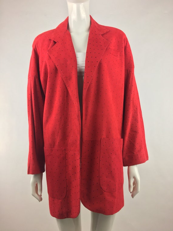 1980's Vakko Red Suede Jacket w Black Polka Dots|… - image 2