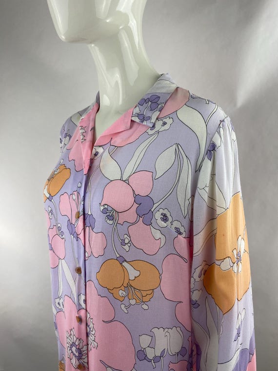 70s Psychedelic Floral Blouse: Vintage Hostess Top, Size M