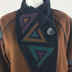 1980's Marylou Ozbolt Storer Fibre Arts Seattle Brown Coat w Colorful Abstract AppliquesWearable ArtWool JacketOversized CoatSize Small image 2