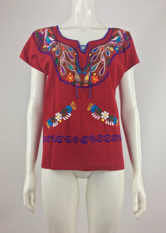 1990's Red Peasant Top w Colorful Floral Embroide… - image 2