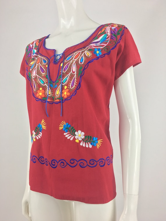 1990's Red Peasant Top w Colorful Floral Embroide… - image 7