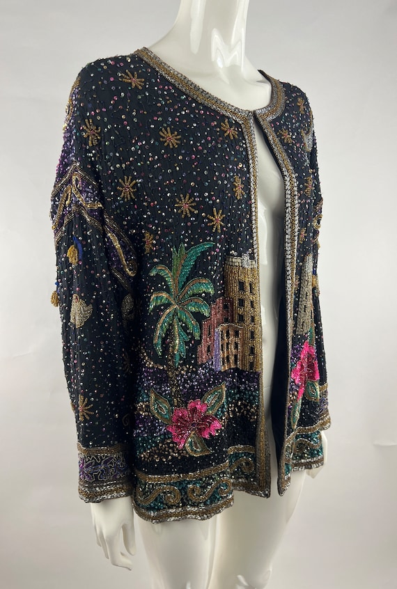 80s Colorful City Scape Black Beaded & Sequined J… - image 2