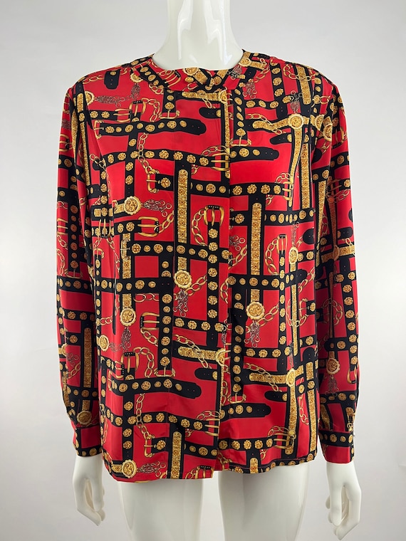 1990's Jordan Red, Black, and Gold Baroque Blouse… - image 1