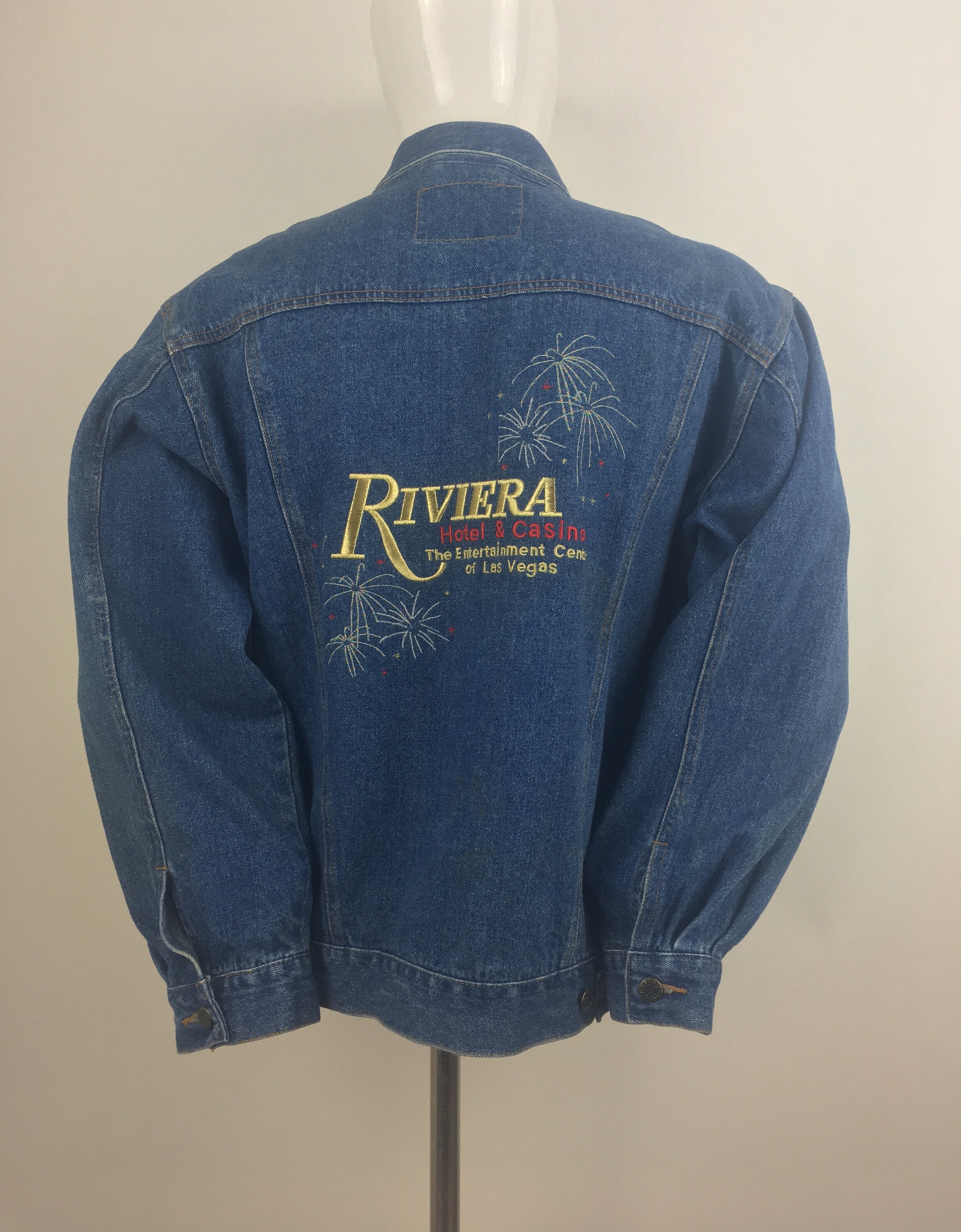 Vintage 90s Riviera Hotel Embroidered Denim Jacket - Size Medium 