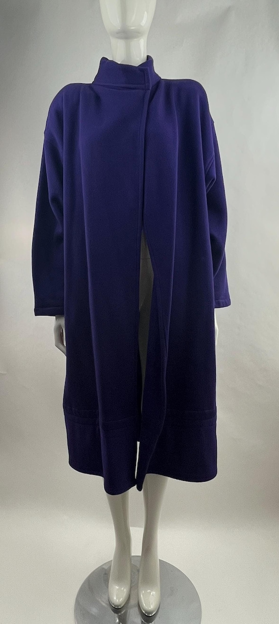 Norma Kamali, Vintage Norma Kamali Dark Periwinkle Blue Wool Maxi Coat 1980s Architectural Cocoon Wrap Duster Stand Collar Women's OSFM