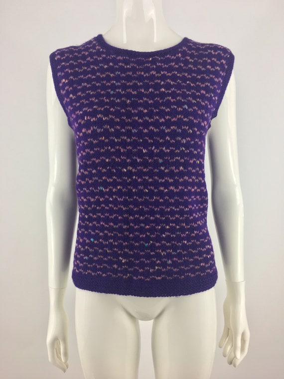 1990's Purple Hand Knitted Sweater Vest w Pink Ho… - image 2