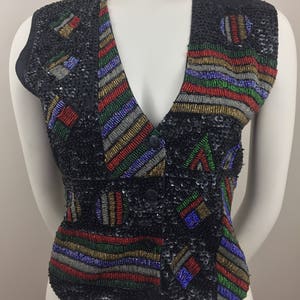 1980's Creazioni Effeci Black Sequined Vest w Colorful DesignBeaded & Sequined Vest80's Glam VestHoliday VestFestive Party VestSize SM image 2