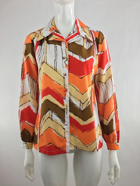 1970's Ship n' Shore Orange, Brown, & White Abstr… - image 1