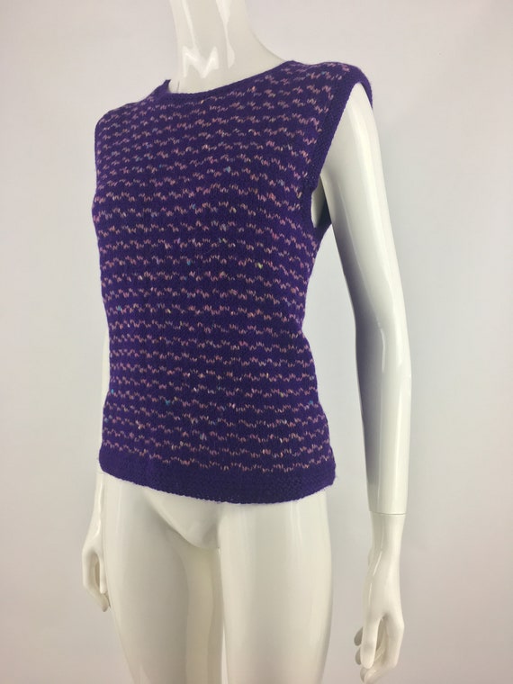 1990's Purple Hand Knitted Sweater Vest w Pink Ho… - image 8