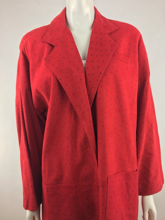 1980's Vakko Red Suede Jacket w Black Polka Dots|… - image 1