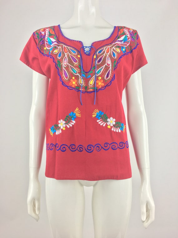 1990's Red Peasant Top w Colorful Floral Embroide… - image 3