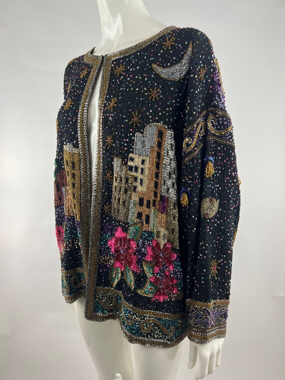 80s Colorful City Scape Black Beaded & Sequined J… - image 3