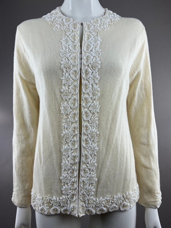 1950's Cecile Ivory Beaded Cardigan Sweater|Fuzzy 